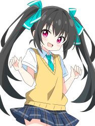 1girl :d aqua_necktie aqua_ribbon black-haired_twintail_girl_(kotatsu-mazoku) black_hair blue_skirt blush collared_shirt commentary_request cowboy_shot dot_nose hair_ribbon hands_up highres kotatsu-mazoku long_hair looking_at_viewer necktie open_mouth original pink_eyes plaid_clothes plaid_skirt pleated_skirt ribbon school_uniform shirt short_sleeves simple_background skirt smile solo sweater_vest twintails white_background white_shirt yellow_sweater_vest