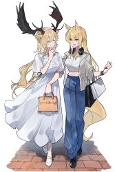 2girls :d ^_^ absurdres alternate_costume animal_ears antlers arknights bag blonde_hair blue_pants breasts casual closed_eyes crop_top dress facing_another full_body grey_jacket hair_between_eyes hand_on_own_chin hand_up handbag headphones headphones_around_neck highres holding holding_bag horns horse_ears horse_girl horse_tail jacket jewelry long_dress long_hair long_sidelocks looking_at_another medium_breasts midriff moose_antlers moose_ears moose_girl multiple_girls navel nearl_(arknights) necklace open_mouth pants shirt shoes sidelocks sleeves_pushed_up smile tail tote_bag very_long_hair viviana_(arknights) walking watch white_background white_dress white_shirt white_shoes wristwatch yakota_(usuk-yako) yellow_tail