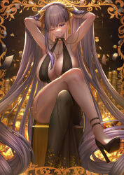 1girl bare_shoulders bb_(fate) bb_dubai_(fate) belly_chain black_dress blush bracelet braid braided_hair_rings breasts center_opening cleavage crossed_legs dai_toro dress fate/grand_order fate_(series) grin hair_ribbon hair_rings high_heels highres jewelry large_breasts long_hair looking_at_viewer necklace one_eye_closed purple_eyes purple_hair ribbon side_slit sitting smile solo twin_braids very_long_hair yellow_ribbon