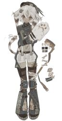 Rule 34 | 1girl, animal ears, animal feet, animal hands, blue coat, body fur, brown fur, brown thighhighs, coat, commentary, dark-skinned female, dark skin, dog ears, dog girl, dog tail, english commentary, full body, gloves, goggles, goggles on headwear, grey eyes, grey hair, hands up, hat, head tilt, highres, legwear garter, looking at viewer, monster girl, original, paw gloves, pigeon-toed, senmaze, short hair, shorts, simple background, solo, standing, tail, tail wagging, thighhighs, white background