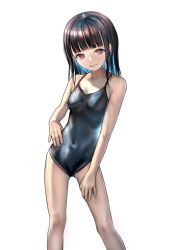 1girl absurdres bare_shoulders black_hair black_one-piece_swimsuit blue_one-piece_swimsuit blush breasts covered_navel emutsuichi highres long_hair looking_at_viewer navel one-piece_swimsuit open_mouth original parted_lips purple_eyes school_swimsuit simple_background small_breasts smile solo standing swimsuit teeth white_background