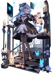 1girl black_dress black_hat black_pantyhose blue_flower blue_gemstone blue_hair blue_nails blue_rose bright_pupils bug butterfly candle candlestand cleavage_cutout clothing_cutout commentary commentary_request commission double-parted_bangs dress english_commentary feet fingernails floating_hair flower full_body gem hat highres holding holding_lantern insect lantern long_fingernails long_hair long_sleeves looking_to_the_side mini_hat mixed-language_commentary nail_polish no_shoes original oriti4 pantyhose parted_lips pixiv_commission puffy_sleeves red_eyes rose solo stairs standing toeless_legwear toenail_polish toenails toes very_long_hair white_background white_pupils
