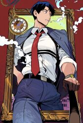 1boy belt black_belt black_hair blue_eyes blue_jacket blue_pants chest_harness cigarette collared_shirt cowboy_shot formal_clothes gegege_no_kitarou hand_on_own_hip harness highres holding holding_stick jacket jacket_on_shoulders kitarou_tanjou:_gegege_no_nazo large_pectorals looking_to_the_side male_focus mizuki_(gegege_no_kitarou) muscular muscular_male necktie pants pectorals picture_frame pocket_watch red_background red_necktie scar scar_on_face shirt short_hair sleeves_rolled_up smoke smoking solo standing stick suit wange80681 watch white_shirt wristwatch