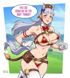 Rule 34 | 1girl, adapted costume, animal ears, bag, belt, bikini, blunt bangs, bow, bowtie, breasts, brown hat, chest harness, detached collar, ear bow, ear covers, gold ship (umamusume), grey hair, harness, hat, highres, horse ears, horse girl, horse tail, looking at viewer, pillbox hat, red bow, red bowtie, running, satchel, smile, solo, strap, sweat, swimsuit, tail, thighhighs, umamusume, unaligned breasts, yatagarasupen