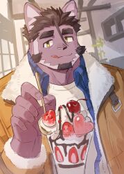 1boy animal_ears beard brown_jacket cat_boy cat_ears closed_mouth commentary facial_hair food furry furry_male highres holding holding_spoon jacket licking_lips live_a_hero looking_at_viewer male_focus parfait smile spoon symbol-only_commentary syukapong tongue tongue_out tsuneaki_(live_a_hero) upper_body