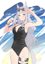 Rule 34 | 1girl, absurdres, animal ears, armpits, bare shoulders, black one-piece swimsuit, blush, breasts, cleavage, collarbone, commentary, cowboy shot, eyewear on head, gold ship (run revolt launcher) (umamusume), gold ship (umamusume), heart, highres, holster, horse ears, horse girl, horse tail, jacket, large breasts, long hair, nail polish, off shoulder, official alternate costume, official alternate hairstyle, one-piece swimsuit, open clothes, open jacket, parted lips, punished pigeon, purple eyes, simple background, solo, sunglasses, swimsuit, tail, thigh holster, thigh strap, umamusume, white jacket, yellow nails