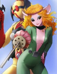 1girl archived_source blonde_hair bodysuit breasts character_request closed_mouth colored_skin eyeshadow haruyama_kazunori holding holding_sword holding_weapon long_hair looking_at_viewer makeup pink_skin smile sword tokusatsu weapon yellow_bodysuit