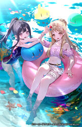Rule 34 | 2girls, :d, afloat, arm up, atelier (series), atelier resleriana, atelier totori, bikini, bikini under clothes, black hair, blonde hair, blue one-piece swimsuit, brown hair, bukurote, commentary request, copyright notice, cropped shirt, flower, frilled thigh strap, full body, hair flower, hair ornament, innertube, long hair, looking at viewer, microskirt, mimi houllier von schwarzlang, multiple girls, navel, official art, one-piece swimsuit, open mouth, outdoors, partially submerged, petals, petals on liquid, pink shirt, ponytail, puni (atelier), purple eyes, shirt, sitting, skirt, smile, sunlight, swim ring, swimsuit, thigh strap, totooria helmold, water, wrist cuffs