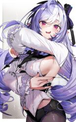 1girl absurdres ahoge black_nails black_panties black_pantyhose breasts commentary_request corset drill_hair fang haruhina_purple highres large_breasts long_hair looking_at_viewer mole mole_under_eye open_mouth panties panties_under_pantyhose pantyhose pointy_ears purple_hair red_eyes sideboob simple_background skin_fang solo underwear vivian_banshee white_background white_corset zenless_zone_zero
