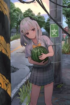 Rule 34 | 1girl, admi (nikke), ahoge, blush, bow, bowtie, collared shirt, food, fruit, goddess of victory: nikke, green hair, grey hair, grey skirt, hair ornament, headgear, highres, holding, holding food, holding fruit, looking at viewer, multicolored hair, outdoors, peparonipi20, plaid clothes, plaid skirt, pleated skirt, power lines, purple eyes, road, road sign, shirt, sign, skirt, smile, standing, streaked hair, tree, utility pole, watermelon, white shirt, yellow bow, yellow bowtie