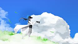 1girl absurdres baseball_cap black_gloves black_hair black_shirt blue_archive blue_halo blue_sky cloud coat coat_partially_removed commentary_request cumulonimbus_cloud cup day from_side gloves grass halo hat highres holding holding_cup kani_etizen03 long_hair saori_(blue_archive) scenery shirt sky sleeveless sleeveless_shirt solo white_coat