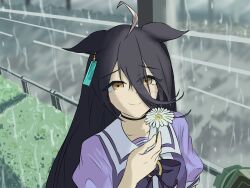 Rule 34 | 132109chisato, 1girl, absurdres, ahoge, animal ears, black choker, bow, bowtie, bush, chainsaw man, choker, collarbone, commentary request, ear tag, earrings, ears down, eyes visible through hair, flower, grey hair, hair between eyes, hand up, highres, holding, holding flower, horse ears, horse girl, jewelry, long hair, long hair between eyes, manhattan cafe (umamusume), multicolored hair, puffy short sleeves, puffy sleeves, purple bow, purple bowtie, purple shirt, rain, sailor collar, scene reference, school uniform, shirt, short sleeves, single earring, solo, tracen school uniform, umamusume, very long hair, white flower, white sailor collar, yellow eyes
