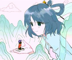 Rule 34 | 2girls, black skirt, blue dress, blue eyes, blue hair, closed mouth, cloud, commentary, dress, giant, giantess, hair ornament, hair rings, hair stick, hat, in palm, jiangshi, kaku seiga, looking at another, miyako yoshika, mountainous horizon, multiple girls, newsboy cap, purple hat, red shirt, shirt, short hair, size difference, skirt, sky, smile, sumang803, touhou, upper body, white sky