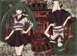 2girls aqua_hair black_skirt black_thighhighs blue_necktie blue_sailor_collar breasts collarbone cropped_shirt flower green_hair grey_hairband gumi hairband hand_on_own_hip hatsune_miku long_hair looking_at_viewer multiple_girls necktie odoryanse_(vocaloid) parted_lips pleated_skirt red_eyes sailor_collar shirt short_sleeves sidelocks skirt small_breasts smile spider_lily thighhighs torii twintails very_long_hair vocaloid white_flower white_shirt yudoufu_(littleplus)