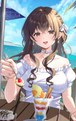 1girl :d artist_name beach_umbrella blue_sky blush bracelet braid breasts brown_eyes brown_hair buckle cherry commentary_request commission dating day earrings food frilled_shirt frills fruit glint hair_ribbon highres holding holding_spoon jewelry large_breasts nail_polish open_mouth original outdoors parfait pink_nails pov puffy_short_sleeves puffy_sleeves ribbon see-through_clothes shirt short_sleeves side_braid signature sitting skeb_commission sky smile spoon table teeth umbrella upper_body upper_teeth_only wanatsu_15 white_ribbon white_shirt wooden_chair wooden_table