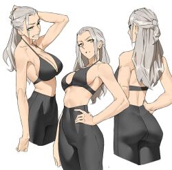 1girl ass black_pants bra breasts brown_eyes cleavage collarbone high-waist_pants large_breasts leggings medium_breasts midriff original pants sports_bra sportswear stomach tagme tbocart thigh_gap tight_clothes underwear yoga_pants