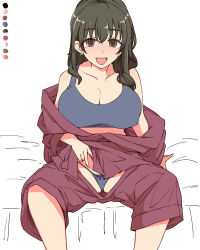 Rule 34 | 1girl, :d, bare shoulders, black hair, blue bra, blue panties, blue sports bra, bow, bow panties, bra, breasts, brown eyes, cleavage, collarbone, commentary request, earrings, feet out of frame, fujiwara hajime, idolmaster, idolmaster cinderella girls, jewelry, large breasts, long hair, looking at viewer, off shoulder, open mouth, panties, sitting, smile, solo, sports bra, string panties, toriga naku, underwear, undressing