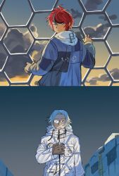 Rule 34 | 2boys, absurdres, ahoge, aotsuki eito, black gloves, black jacket, blue eyes, breast pocket, bright pupils, commentary, drawstring, english commentary, glasses, gloves, grey hair, grey jacket, hand on own chest, hand up, highres, hood, hoodie, jacket, looking at viewer, male focus, multicolored hair, multicolored jacket, multiple boys, outdoors, pocket, ransuteeki, red hair, short hair, smile, streaked hair, sumino takumi, sunrise, the hundred line -last defense academy-, two-tone jacket, white hoodie, white jacket, white pupils