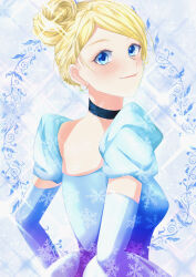1girl absurdres blonde_hair blue_dress blue_eyes choker cinderella_(disney_character) cinderella_(disney_movie) dress earrings elbow_gloves gloves hair_bun hairband highres jewelry looking_at_viewer princess short_hair smile solo user_gdku3823
