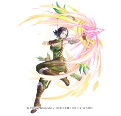 1girl aiming arm_armor bare_shoulders black_hair blue_eyes boots bow_(weapon) breasts brown_boots brown_gloves character_request cleavage_cutout clenched_teeth clothing_cutout commentary_request copyright_notice fire_emblem fire_emblem_heroes full_body gloves green_pants green_shirt holding holding_bow_(weapon) holding_weapon kyusoukyu large_breasts nintendo official_art pants shirt short_hair simple_background sleeveless sleeveless_shirt solo standing standing_on_one_leg teeth v-shaped_eyebrows weapon white_background