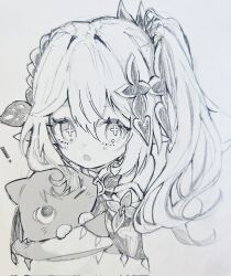 ! 1girl animal animalization armlet cat cross-shaped_pupils detached_sleeves dress eyelashes genshin_impact graphite_(medium) greyscale hair_between_eyes hair_intakes hair_ornament half_crown_braid highres holding holding_animal holding_cat jewelry leaf leaf_hair_ornament long_hair looking_at_viewer m_o_ch_i monochrome nahida_(genshin_impact) open_mouth pointy_ears scaramouche_(cat)_(genshin_impact) scaramouche_(genshin_impact) side_ponytail sidelocks sketch symbol-shaped_pupils tareme traditional_media