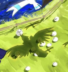 commentary_request copituji corviknight day dubwool evolutionary_line from_above gen_3_pokemon gen_8_pokemon grass nintendo no_humans outdoors pokemon pokemon_(creature) pokemon_focus sheep water wingull wooloo