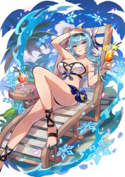 1girl absurdres alternate_costume beach bikini black_hairband blue_hair blue_nails bracelet breasts clenched_teeth cup eula_(genshin_impact) genshin_impact gladiator_sandals hairband highres holding holding_cup jewelry knee_up looking_at_viewer medium_breasts medium_hair open_mouth sandals saylamars sitting solo strapless swimsuit teeth tube_top yellow_eyes