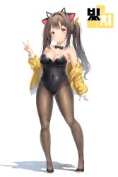 1girl absurdres animal_ear_hairband animal_ears arm_up bare_shoulders black_leotard black_pantyhose black_shoes body_writing bow bowtie breasts brown_eyes brown_hair cat_ear_hairband cat_ears character_name cleavage commentary_request commission commissioner_upload covered_navel detached_collar fake_animal_ears frown groin hairband highres jacket keibeam kittysuit korean_commentary legs leotard long_hair mole mole_under_eye nontraditional_playboy_bunny off_shoulder original pantyhose prunechi second-party_source shoes solo strapless strapless_leotard thighs twintails v yellow_jacket