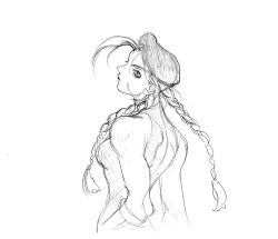 Rule 34 | 1girl, bare shoulders, beret, braid, breasts, cammy white, fingerless gloves, from behind, game cg, gloves, greyscale, hat, highres, long hair, looking at viewer, looking back, monochrome, nishimura kinu, non-web source, official art, scar, scar on face, sleeveless, solo, street fighter, street fighter ii (series), twin braids