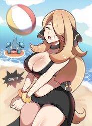 1girl ball beach beach_volleyball bikini black_bikini black_choker black_sarong blonde_hair blue_sky breasts choker closed_eyes cloud commentary creatures_(company) cynthia_(pokemon) day english_commentary game_freak gen_4_pokemon gible highres innertube large_breasts long_hair navel nintendo outdoors own_hands_together playing_sports pokemon pokemon_(creature) pokemon_dppt sarong sky solo_focus stomach sweatdrop swim_ring swimsuit thighs touyarokii very_long_hair