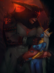 1boy 1girl abs blue_skin breasts colored_skin completely_nude covered_eyes crown demon_boy gigantic_penis hetero highres hood hood_up horns interspecies large_breasts nipples no_pupils nude nyuunzi original penis sharp_teeth size_difference teeth white_eyes