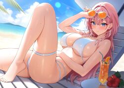 1girl ass barefoot beach_chair beach_umbrella bikini blue_eyes blush breasts feet hair_between_eyes highres holika_baby hololive large_breasts looking_at_viewer ocean pink_hair solo string_bikini swimsuit takane_lui umbrella virtual_youtuber white_bikini