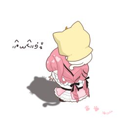 Rule 34 | 1girl, animal, animal on head, belt, black belt, black bow, black ribbon, black shoes, bow, caca (xhs 277997731), cat, cat on head, cat shadow puppet (meme), chibi, cloak, clothed animal, covered face, crossed arms, drill hair, frilled shirt, frilled skirt, frills, from behind, hair bow, hair ribbon, highres, hood, hood up, hooded cloak, infinity nikki, layered skirt, long hair, long sleeves, low twintails, medium skirt, meme, momo (nikki), nikki (nikki), nikki (series), off-shoulder shirt, off shoulder, on head, perfect start (infinity nikki), pink hair, pink skirt, ribbon, shadow, shirt, shoes, signature, simple background, skirt, tress ribbon, twin drills, twintails, very long hair, white background, white cat, white shirt, white skirt, yellow cloak