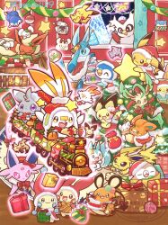 alcremie bow cake christmas christmas_ornaments christmas_tree closed_eyes commentary creatures_(company) dedenne delibird espeon espurr flareon food game_freak gen_1_pokemon gen_2_pokemon gen_3_pokemon gen_4_pokemon gen_6_pokemon gen_7_pokemon gen_8_pokemon gift glaceon gokuaku_rabbit hat highres indoors jirachi jolteon leafeon legendary_pokemon milcery mimikyu minun mouth_hold mythical_pokemon nintendo no_humans pachirisu pawmi pichu pikachu piplup plusle poke_ball pokemon pokemon_(creature) ribbon rowlet santa_hat scorbunny sleeping spheal star_(symbol) stuffed_toy tandemaus telekinesis train tree window wooloo
