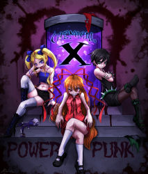 3girls berserk_(ppg) black_hair black_skirt black_tank_top blonde_hair blouse blue_bow blue_eyes blue_tank_top boots bow bracelet brat_(ppg) brute_(ppg) commentary_request crossed_arms crossed_legs earrings english_text eyes_visible_through_hair fishnet_legwear fishnets green_eyes hair_bow hair_ribbon high_heel_boots high_heels highres jewelry long_hair looking_at_viewer mary_janes multiple_girls navel powerpuff_girls ray-k red_eyes red_hair red_ribbon red_shirt red_skirt ribbon shirt shoes short_hair sitting skirt sleeveless socks spiked_belt spiked_bracelet spikes stuffed_toy tank_top teeth thighhighs tongue tongue_out twintails white_legwear