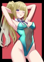 1girl absurdres aqua_leotard armpits arms_behind_back arms_up bare_arms bare_shoulders black_bow black_bowtie blonde_hair blunt_bangs bow bowtie breasts closed_mouth collar covered_navel cowboy_shot detached_collar gluteal_fold highleg highleg_leotard highres karuizawa_kei leotard long_hair looking_at_viewer medium_breasts one_eye_closed playboy_bunny ponytail purple_eyes red_background see-through_clothes see-through_leotard simple_background sleeveless smile solo strapless strapless_leotard thighs tongue tongue_out white_collar xueli_shimazaki youkoso_jitsuryoku_shijou_shugi_no_kyoushitsu_e