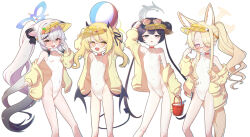 4girls absurdres adjusting_eyewear animal_ear_fluff animal_ears armpits arms_up asymmetrical_hair ball bare_legs bare_shoulders beachball black_hair black_ribbon black_wings blonde_hair blue_archive blue_halo braid braided_bun breasts brown_eyes bucket cameltoe closed_mouth commentary cosplay covered_navel cross_halo demon_girl demon_horns demon_tail demon_wings diamond_cutout dot_mouth dot_nose double_bun extra_ears eyes_visible_through_hair eyewear_on_head feet_out_of_frame flat_chest floppy_ears fox_ears fox_girl fox_tail gnoet gradient_hair grey_eyes grey_hair grey_halo hair_between_eyes hair_bun hair_over_one_eye hair_ribbon half-closed_eyes halo hand_on_eyewear hand_on_own_hip hand_up highleg highleg_one-piece_swimsuit highres holding holding_ball holding_beachball holding_bucket horns ibuki_(blue_archive) jacket kisaki_(blue_archive) kokona_(blue_archive) loli long_hair long_sleeves looking_at_viewer low_wings multicolored_hair multiple_girls off_shoulder official_alternate_costume official_alternate_hairstyle one-piece_swimsuit open_mouth orange-tinted_eyewear orange_eyes pink-tinted_eyewear pink_eyes ponytail puffy_long_sleeves puffy_sleeves ribbon seia_(blue_archive) seia_(blue_archive)_(cosplay) seia_(swimsuit)_(blue_archive) side_ponytail simple_background small_breasts smile streaked_hair sunglasses swimsuit tail thighs tiger_ears tiger_girl tinted_eyewear twintails two-tone_hair very_long_hair visor_cap white_background white_one-piece_swimsuit wings yellow_eyes yellow_halo yellow_jacket yellow_visor