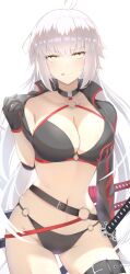 1girl ahoge bikini black_bikini black_gloves black_jacket breasts choker cleavage collarbone cropped_jacket fate/grand_order fate_(series) gloves grey_hair highres jacket jeanne_d&#039;arc_alter_(fate) jeanne_d&#039;arc_alter_(swimsuit_berserker)_(fate) katana large_breasts long_hair long_sleeves looking_at_viewer navel o-ring o-ring_bikini off_shoulder red_thighhighs shrug_(clothing) single_bare_shoulder single_thighhigh solo swimsuit sword thigh_strap thighhighs thighs tongue tongue_out umi_endu very_long_hair weapon yellow_eyes
