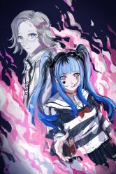 1boy 1girl amemiya_darumi aotsuki_eito black_background black_bow black_hair black_skirt blue_eyes blue_hair bow fire glasses grey_hair heart highres hood hoodie long_sleeves looking_at_viewer makeup multicolored_hair pink_eyes pink_fire pleated_skirt red_bow runny_makeup safety_pin shirt skirt striped_clothes striped_shirt the_hundred_line_-last_defense_academy- twintails white_hoodie