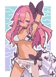 1girl arm_up armpits bikini blue_background blush border breasts closed_mouth commentary cowboy_shot dark-skinned_female dark_skin disgaea earrings highres jewelry long_hair looking_at_viewer medium_breasts navel outline outside_border pink_hair pointy_ears purple_background purple_eyes seraphina_(disgaea) smile solo suaman swimsuit two-tone_background white_bikini white_border white_outline