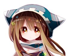 1boy blue_jacket bright_pupils brown_hair buckle closed_mouth commentary_request eyes_visible_through_hair hair_between_eyes hood hood_up hooded_jacket jacket kirby_(series) long_hair looking_at_viewer magolor male_focus nintendo no_nose orange_eyes personification scarf simple_background solo usagi_nui white_background white_pupils white_scarf