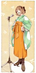 Rule 34 | 1girl, alternate costume, black bow, black hairband, bob cut, boots, border, bow, brown background, brown boots, brown eyes, brown hair, full body, green kimono, hair bow, hairband, hakama, hakama skirt, hands on own hips, high-waist skirt, high heel boots, high heels, highres, idolmaster, idolmaster cinderella girls, imay3927, japanese clothes, kimono, long sleeves, looking to the side, microphone stand, nagatomi hasumi, open mouth, orange nails, orange skirt, pinky out, polka dot, polka dot kimono, short hair, skirt, smile, solo, standing, taishou, white border, wide sleeves