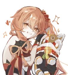 Rule 34 | 1girl, black gloves, creature, detached sleeves, diting (honkai: star rail), dress, gloves, guinaifen (honkai: star rail), heart, highres, honkai: star rail, honkai (series), lion dance, nonoko (1k6sx1encx45226), orange eyes, orange hair, partially fingerless gloves, red dress, simple background, smile, teeth, white background
