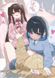 3girls absurdres blonde_hair blue_hair blue_necktie blue_skirt blue_sweater blush brown_hair brown_sweater cellphone collared_shirt colored_inner_hair commentary_request ear_piercing hand_on_another&#039;s_thigh heart heart-shaped_pupils highres holding holding_phone multicolored_hair multiple_girls necktie open_mouth original phone piercing pink_hair pink_sweater pinned pinponpaaru pleated_skirt school_uniform shirt skirt smartphone smile socks speech_bubble sweater symbol-shaped_pupils taking_picture translation_request twintails white_shirt white_socks yuri