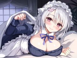 1girl apron bed_sheet black_dress blush breasts cleavage closed_mouth commentary_request curtains detached_collar dress grey_hair hair_ornament hairclip ikura_nagisa indoors large_breasts leaf long_sleeves looking_at_viewer maid maid_apron maid_headdress night on_bed original pillow purple_eyes short_hair smile solo under_covers white_apron window