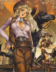 1girl blonde_hair boots breasts canopri_comic cigar clone cowboy_boots cowboy_hat cowboy_shot fringe_trim gun hat highres juliona_trans juriona_trans large_breasts leather looking_at_viewer open_mouth shirou_masamune spurs weapon cowboy_western wild_wet_west