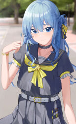 1girl absurdres belt belted_skirt black_choker black_serafuku blue_eyes blue_hair blurry blurry_background blush bracelet choker cowboy_shot facing_viewer front_slit hair_between_eyes hair_ribbon highres hololive hoshimachi_suisei hoshimachi_suisei_(school_uniform) jewelry light_smile long_hair looking_at_viewer raeis ribbon school_uniform serafuku sidelocks solo star_bracelet star_ornament virtual_youtuber white_belt yellow_ribbon