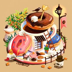 artist_name bird brown_background coffee cookie crown cup donut facial_hair fence flower food food_focus fork ghost hat holding issiki_toaki ladder lamppost mustache no_humans orange_background original plant plate simple_background sugar_cube top_hat yellow_flower