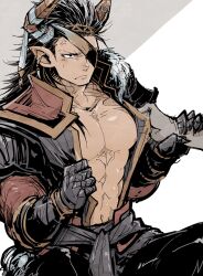 1boy abs anger_vein bara closed_mouth commentary_request cow_boy cow_horns disembodied_hand eyepatch granblue_fantasy holding_another&#039;s_wrist horns iha_tobu male_focus muscular muscular_male open_clothes open_shirt pectorals pointy_ears reinhardtzar sweatdrop