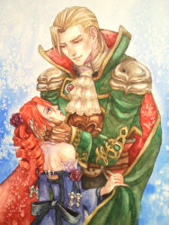 1boy 1girl amy_sorel bare_shoulders drill_hair family flower gothic_lolita hair_flower hair_ornament lolita_fashion makeup morito_leaf9 namco raphael_sorel red_hair soul_calibur twintails